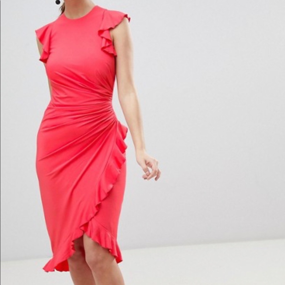 Little Mistress Wrap Styled Midi Ruffle Dress